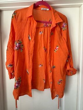 Vibrant Orange Embroidered Button-Down Shirt - Feminine & Flowy summer vibes